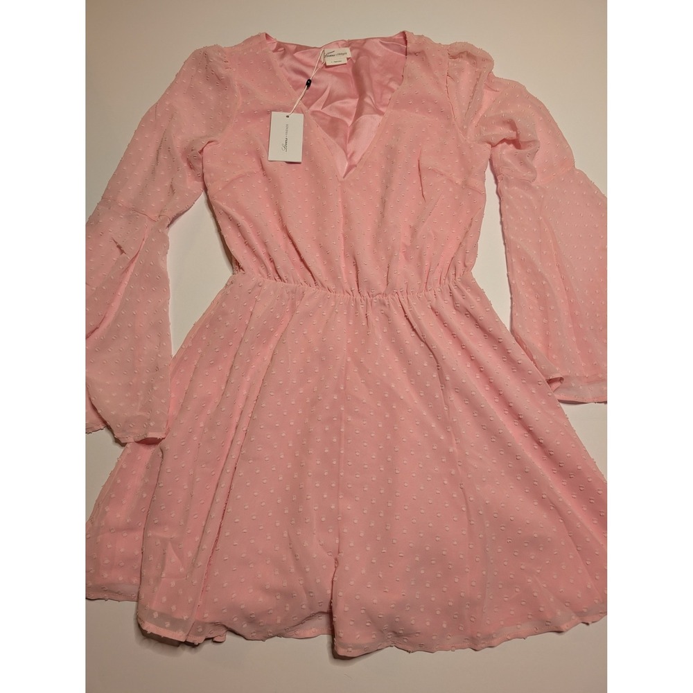 Lovers + Friends Pink Swiss Dot Romper Long Bell Sleeve V-Neck Size S NWT